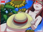  blue_sky blush camera clearite covering covering_eyes day dutch_angle flower goggles groin hat idolmaster idolmaster_dearly_stars long_hair nude nude_cover outdoors ozaki_reiko sky solo sun_hat sunflower viewfinder 