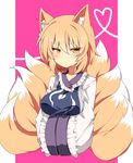  animal_ears bad_id bad_pixiv_id blonde_hair blush breast_rest breasts dress fox_ears fox_tail hands_in_opposite_sleeves heart large_breasts long_sleeves multiple_tails no_hat no_headwear short_hair solo tabard tail touhou upper_body white_dress wide_sleeves yakumo_ran yarawi 