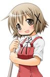  :d blush broom brown_eyes brown_hair hair_ornament hairclip hidamari_sketch looking_at_viewer open_mouth school_uniform short_hair smile solo x_hair_ornament yoshitani_motoka yuno 