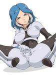  1girl anus ass blue_hair blush bodysuit boots breasts clitoris feet female green_eyes inazuma_eleven inazuma_eleven_(series) large_breasts legs looking_at_viewer merry_program multicolored_hair pussy short_hair simple_background sitting skin_tight solo spread_legs spread_pussy spread_pussy_under_clothes thighs urubida white_background 