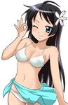  aqua_sarong bikini black_hair blush body_blush flower green_eyes grin hair_flower hair_ornament long_hair navel one_eye_closed ootori_masatsuna sarong saten_ruiko shiny shiny_skin skindentation smile solo swimsuit to_aru_kagaku_no_railgun to_aru_majutsu_no_index 