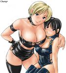  arm_around_shoulder armlet black_hair black_legwear breasts champ+ character_request choker cleavage collar commentary_request dominatrix earrings fingerless_gloves gloves hand_on_head jewelry king_(snk) large_breasts long_hair multiple_girls ryuuko_no_ken single_glove single_thighhigh snk strapless stud_earrings the_king_of_fighters thighhighs tubetop 