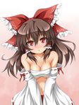  :o bandages bare_shoulders blush breast_squeeze breasts brown_hair cleavage collarbone detached_sleeves gradient gradient_background hair_tubes hakurei_reimu long_hair looking_at_viewer medium_breasts no_shirt red_eyes roura sarashi solo touhou v_arms 