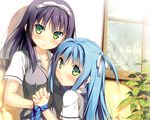  2girls black_hair blue_hair blush cube green_eyes kantoku kurano-kunchi_no_futago_jijou kurano_ema kurano_yae long_hair seifuku tie 