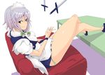  apron bare_legs bow braid breasts couch crossed_legs green_eyes hair_bow izayoi_sakuya knife long_legs maid maid_headdress panties pantyshot pantyshot_(sitting) shiny shiny_skin short_hair silver_hair sitting smirk solo table thick_thighs thighs touhou underwear zenisu 