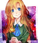  ascot blonde_hair blue_eyes blush colorized flower holding holding_flower ib long_hair mary_(ib) smile solo wakatsuki_you 