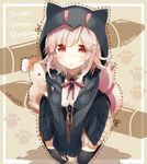  black_legwear border breasts character_name danganronpa dotted_line hair_ornament hairclip hood hoodie jacket kneeling looking_at_viewer medium_breasts monomi_(danganronpa) nanami_chiaki nochita_shin open_mouth paw_print pink_eyes pink_hair red_eyes ribbon skirt solo stuffed_animal stuffed_bunny stuffed_toy super_danganronpa_2 thighhighs 