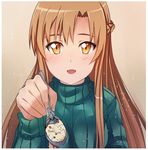  asuna_(sao) blush braid breasts brown_eyes brown_hair feeding long_hair looking_at_viewer medium_breasts open_mouth pov_feeding ribbed_sweater smile solo spoon sweater sword_art_online turtleneck tusia upper_body 