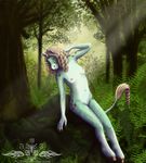  blue_skin breasts brown_hair digitigrade equine female forest fur green_eyes hair hooves horn looking_at_viewer mammal navel nude pinup pose scenery sitting solo spots tail_tuft tree tuft unicorn ykoriana 