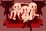  1girl 2boys :p bad_id bad_pixiv_id blood couch kaibutsu multiple_boys necktie red_eyes sakurakunet shirt sitting skirt tongue tongue_out twintails white_hair 