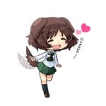  akiyama_yukari animal_ears b3 bad_id bad_pixiv_id bangs black_legwear blouse blush brown_footwear brown_hair chibi closed_eyes cross dog_ears dog_tail full_body girls_und_panzer green_skirt heart kemonomimi_mode leg_lift loafers long_sleeves messy_hair miniskirt neckerchief ooarai_school_uniform open_mouth pleated_skirt school_uniform serafuku shoes short_hair skirt smile socks solo standing tail tail_wagging white_background white_blouse 