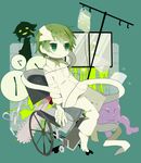  1boy 1girl aoshiru_(yume_2kki) bandage barefoot blood chainsaw clock flat_gaze frown green_eyes green_hair grin intravenous_drip open_mouth sakurakunet shadow short_hair smile urotsuki wheelchair yume_2kki 