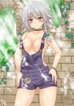  alternate_costume blue_eyes blush bow braid breasts broken_wall cleavage collar collarbone covered_nipples denim grey_eyes hair_bow hands_on_hips highres izayoi_sakuya large_breasts looking_at_viewer naked_overalls no_bra overalls plant pocket_watch short_hair silver_hair solo suspenders touhou twin_braids umyonge_(lkakeu) vines wall watch 