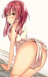  :t all_fours alternate_eye_color bed_sheet blush breasts from_behind hase_sawara looking_at_viewer magi_the_labyrinth_of_magic medium_breasts morgiana nipple_slip nipples one_side_up pout red_hair short_hair solo yellow_eyes 