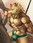  &lt;3 abs blush canine cum ear_piercing feral invalid_tag muscles nipples pecs penis piercing sharp_teeth speedo sweat teeth underwear 