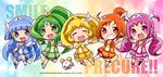  5girls :d antenna_hair aoki_reika bike_shorts blonde_hair blue_eyes blue_hair blue_shorts blue_skirt blush_stickers boots bow bowtie brooch candy_(smile_precure!) chibi child choker closed_eyes copyright_name cure_beauty cure_happy cure_march cure_peace cure_sunny full_body green_choker green_eyes green_hair green_neckwear green_shorts green_skirt grin hair_bun hair_flaps hair_tubes hands_together happy head_wings hino_akane_(smile_precure!) hoshizora_miyuki jewelry katsuma_rei kise_yayoi long_hair magical_girl midorikawa_nao multiple_girls no_nose open_mouth orange_choker orange_hair orange_neckwear orange_shorts orange_skirt pacifier pink_bow pink_choker pink_eyes pink_hair pink_neckwear pink_shorts pink_skirt ponytail precure rainbow_background rainbow_order red_eyes shoes short_hair shorts shorts_under_skirt skirt smile smile_precure! tiara tri_tails twintails wrist_cuffs yellow_bow yellow_shorts yellow_skirt 