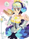  alex_ahad armor armored_dress between_breasts breasts choker cleavage crown detached_sleeves dress egg egg_yolk english food gwendolyn hair_ornament medium_breasts messy odin_sphere purple_eyes short_hair silver_hair solo spill strapless strapless_dress toast wings 
