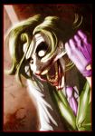  absurdres batman_(series) blood dc_comics gloves green_hair guro highres knife lucius_ferguson male_focus necktie open_mouth rolling_eyes shadow solo teeth the_joker vest 