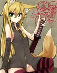  animal_ears fox_ears fox_tail green_eyes haik highres kokonoe_tsubaki long_hair original solo striped striped_legwear tail thighhighs 