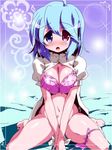  after_masturbation bare_legs barefoot blue_eyes blue_hair blush bottomless bra breast_squeeze breasts heterochromia large_breasts miuku_(marine_sapphire) navel open_clothes open_mouth open_shirt panties panties_around_one_leg pink_bra red_eyes shirt short_hair sitting solo sweat tatara_kogasa tissue touhou underwear v_arms wariza 