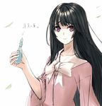  black_hair collarbone commentary directional_arrow holding houraisan_kaguya i'm_such_a_fool kuronuko_neero leaf long_hair looking_at_viewer mahou_shoujo_madoka_magica parody pink_eyes sketch smile solo touhou translated vial white_background wind 