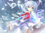  bad_id bad_pixiv_id blue_dress blue_eyes blue_hair bow cirno dress hair_bow ice looking_at_viewer puffy_sleeves revision shirt short_hair short_sleeves smile snowflakes solo touhou wakame_mi wings 