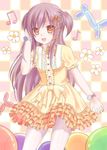  balloon beamed_eighth_notes blush bow bracelet dress eighth_note fang flower jewelry lolita_fashion musical_note open_mouth orange_eyes original pantyhose purple_hair revision smile solo tsukino_neru two_side_up white_legwear 