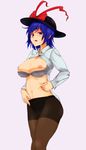  black_legwear blue_hair blush bra bra_pull breasts hat hat_ribbon highres inverted_nipples large_breasts looking_at_viewer nagae_iku navel nipples open_clothes open_shirt panties panties_under_pantyhose pantyhose red_eyes ribbon sagara1990 shirt short_hair simple_background solo sweatdrop thighband_pantyhose touhou underwear white_background 