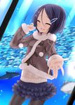  aquarium black_hair black_legwear blush closed_eyes coat fish hair_ornament hairclip highres nishi_minami open_mouth original outstretched_arm outstretched_hand pantyhose short_hair skirt smile solo suterii sweater 