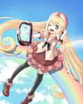  black_legwear blonde_hair blue_eyes cloud hat kazuharu_kina long_hair one_eye_closed open_mouth original personification pigeon-toed pixa rainbow ribbon short_sleeves sitting skirt sky solo stylus tablet thighhighs very_long_hair 