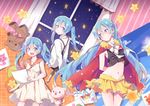  arms_behind_back blue_eyes blue_hair cape hatsune_miku hika_(ozeluk) long_hair looking_back midriff multiple_girls navel open_mouth sailor_collar skirt smile star stuffed_animal stuffed_toy teddy_bear twintails very_long_hair vocaloid window younger 