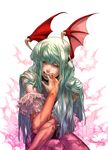  animal_print bad_deviantart_id bad_id bare_shoulders bat_print bat_wings biting bridal_gauntlets demon_girl elbow_gloves eon_forgery finger_biting gloves green_eyes green_hair head_wings leotard long_hair morrigan_aensland pantyhose print_legwear solo succubus vampire_(game) wings 