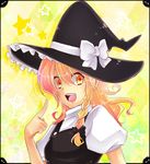  bad_id bad_pixiv_id blonde_hair braid hat kirisame_marisa long_hair open_mouth overalls pointing pointing_at_self short_sleeves single_braid smile solo touhou utani_(punishment) witch_hat yellow_eyes 