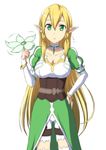  :o alternate_hairstyle bangle blonde_hair bracelet elf green_eyes hair_down hand_on_hip headwear_removed holding jewelry leafa long_hair nori_tamago pointy_ears simple_background solo sword_art_online thighhighs translated white_background white_legwear 