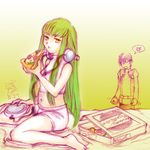  1girl anger_vein barefoot boyshorts c.c. cd_player code_geass eating food green_hair halter_top halterneck headphones lelouch_lamperouge long_hair midriff miyuki_mouse navel pizza pizza_box plump sitting underwear underwear_only wariza yellow_eyes 