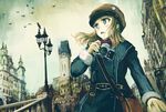  bag bird blonde_hair blue_eyes blush building camera cityscape hat hatoya_hato lamppost long_hair open_mouth original standing 