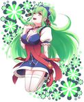  breasts choker cleavage fuuka_(fu-haru) green_hair headdress ixion_saga large_breasts long_hair looking_at_viewer mariandale newhalf open_mouth pink_eyes thighhighs white_legwear 