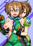  anger_vein assisted_exposure bare_shoulders blush breast_envy breast_grab breast_slip breasts brown_hair deep_skin fang gloves grabbing green_eyes honey_jacket honeycomb_(pattern) honeycomb_background ikkei_(bobusuman) large_breasts little_prim multiple_girls nipples one_breast_out patty_(pso2) phantasy_star phantasy_star_online_2 pointy_ears short_twintails sweat tiea twintails 