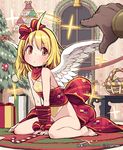  ahoge bad_id bad_pixiv_id barefoot basket bdsm blonde_hair blush bondage bottomless bound bow candy candy_cane christmas christmas_tree ephemera flying_sweatdrops food gift hair_bow hairband halo lena_(zoal) naked_ribbon orange_eyes ribbon ribbon_bondage rug scissors shingeki_no_bahamut short_hair sitting solo_focus table wariza window wings 