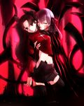  black_eyes black_hair black_legwear dark_persona dark_sakura dress empty_eyes fate/stay_night fate_(series) hair_ribbon hips incest long_hair matou_sakura midriff miniskirt molestation multiple_girls navel partially_submerged purple_hair ribbon shirt_pull siblings sisters skirt striped thighhighs toosaka_rin tusk0315 two_side_up vertical_stripes yuri zettai_ryouiki 