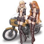  2girls absurdres biker_clothes bikesuit blonde_hair blue_eyes boots brown_eyes ground_vehicle highres knee_boots long_hair motor_vehicle motorcycle multiple_girls thigh_boots thighhighs yuta0toku 