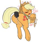  applejack_(mlp) blush bound cum cutie_mark disembodied_penis edit equine female feral freckles friendship_is_magic fur hat horse horsecock male mammal my_little_pony open_mouth orange_fur penis plain_background pony rope text tied tongue white_background zajice 