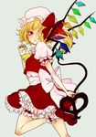  :o bad_id bad_pixiv_id blonde_hair blush bow crystal demon_wings dress flandre_scarlet frilled_skirt frills hair_over_one_eye hat high_heels laevatein lips looking_at_viewer looking_back majoccoid parted_lips red_eyes shoes simple_background skirt slit_pupils solo touhou vampire white_background wings 