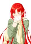  blush braid closed_eyes coat eating highres hong_meiling long_hair niwatazumi no_hat no_headwear red_hair scarf sketch smile solo touhou twin_braids very_long_hair 