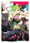  2boys black_hair blue_hair cuffs double_bun green_hair handcuffs hat horns jojo_no_kimyou_na_bouken kuujou_jolyne malvarmeta midriff multicolored_hair multiple_boys narciso_anasui stone_ocean two-tone_hair weather_report white_hair 