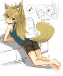  all_fours animal_ears barefoot bike_shorts blonde_hair blush couch eighth_note fox_ears fox_tail from_behind green_eyes haik kokonoe_tsubaki long_hair looking_at_viewer looking_back musical_note original partially_colored sketch smile solo_focus speech_bubble spoken_musical_note tail 