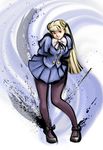  arms_behind_back blonde_hair capcom_fighting_jam hairpods highres ingrid long_hair long_legs mario_grant mary_janes miniskirt pantyhose parody pleated_skirt red_eyes shoes skirt smile solo street_fighter street_fighter_iv_(series) style_parody 