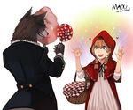  1girl animal_ears basket big_bad_wolf_(grimm) blonde_hair braid cotton_candy dress glasses highres little_red_riding_hood little_red_riding_hood_(grimm) madu open_mouth short_hair wolf 