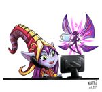  blue_skin blush coffee computer cup fairy green_eyes hat keyboard_(computer) league_of_legends long_hair lulu_(league_of_legends) mouse_(computer) open_mouth phone pix pointy_ears purple_hair purple_skin smile witch_hat 