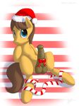  balls blue_eyes blush caramel_(mlp) christmas equine erection feral friendship_is_magic hat hi_res holidays horse horsecock looking_at_viewer male mammal my_little_pony nude penis pony precum ribbons santa_hat sitting skipsy solo 